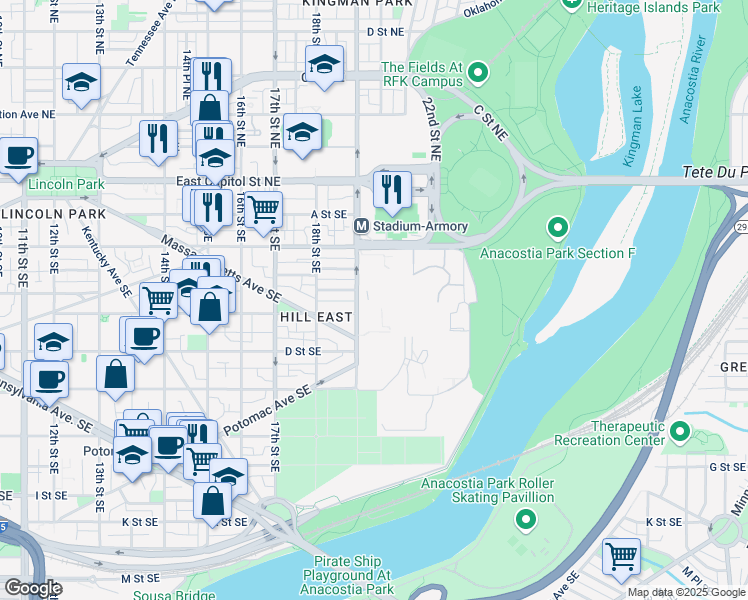 map of restaurants, bars, coffee shops, grocery stores, and more near 101 Independence Avenue Southeast in Washington