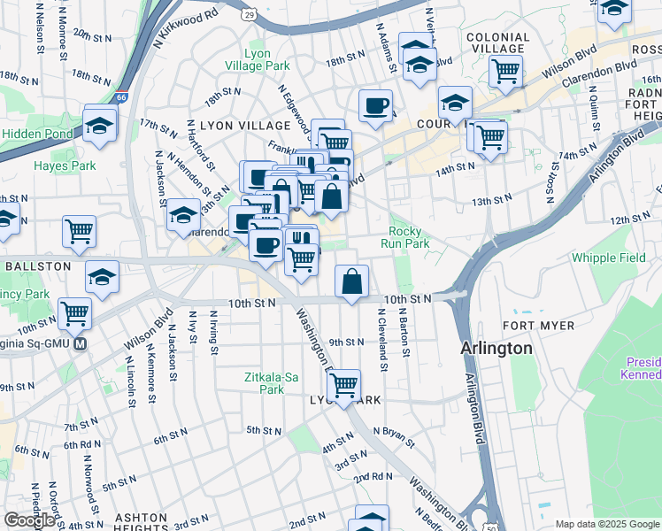 map of restaurants, bars, coffee shops, grocery stores, and more near 1036 North Daniel Street in Arlington
