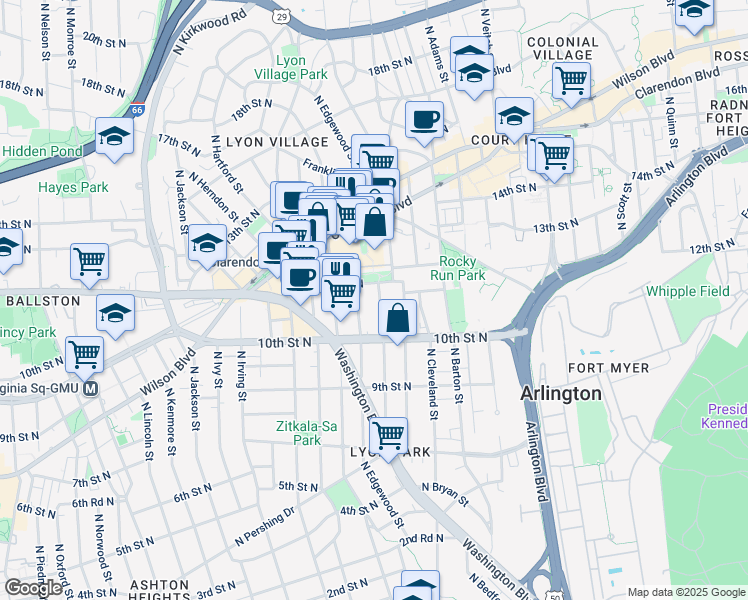 map of restaurants, bars, coffee shops, grocery stores, and more near 1036 North Daniel Street in Arlington