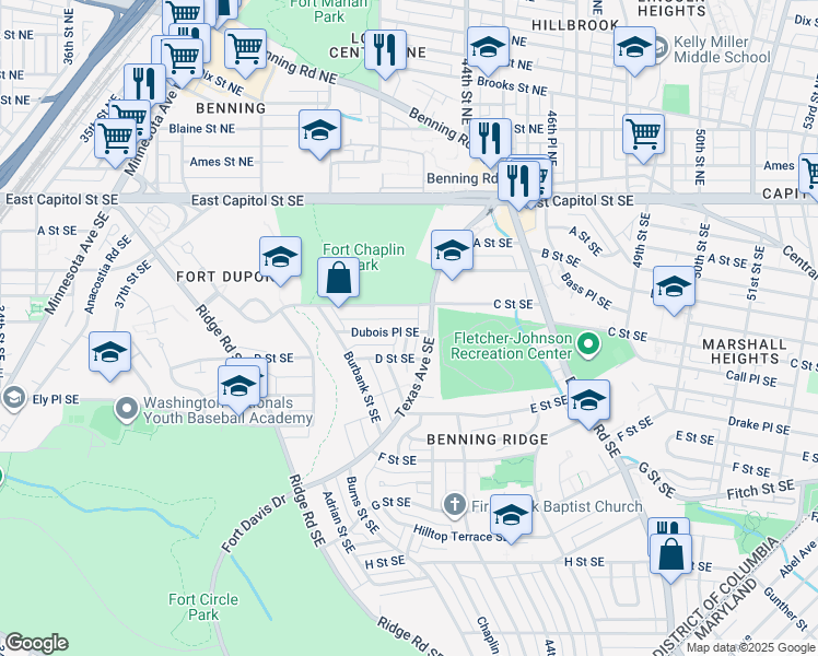 map of restaurants, bars, coffee shops, grocery stores, and more near 4408 Dubois Place Southeast in Washington