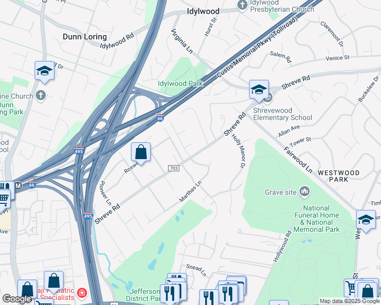 map of restaurants, bars, coffee shops, grocery stores, and more near 2553 Ogden Street in Falls Church