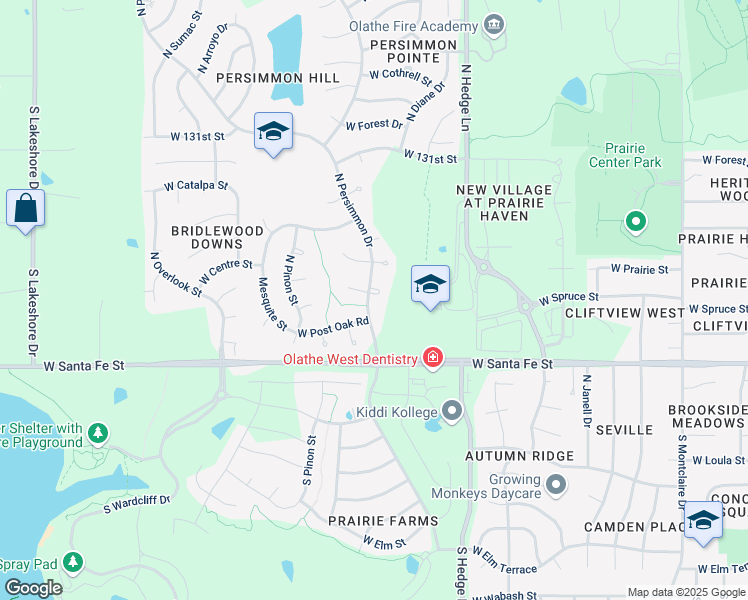 map of restaurants, bars, coffee shops, grocery stores, and more near 318 North Persimmon Drive in Olathe
