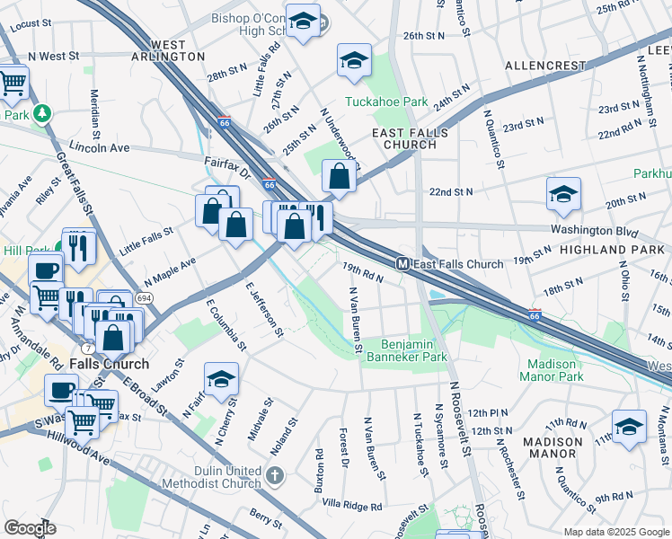 map of restaurants, bars, coffee shops, grocery stores, and more near 6816 19th Road North in Arlington