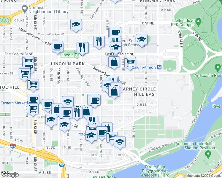 map of restaurants, bars, coffee shops, grocery stores, and more near 245 15th Street Southeast in Washington