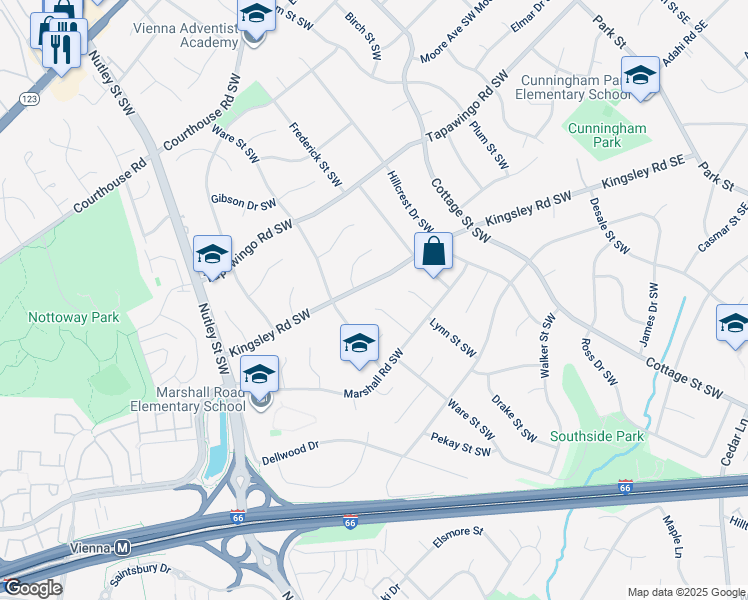 map of restaurants, bars, coffee shops, grocery stores, and more near 1012 Mountfort Court Southwest in Vienna
