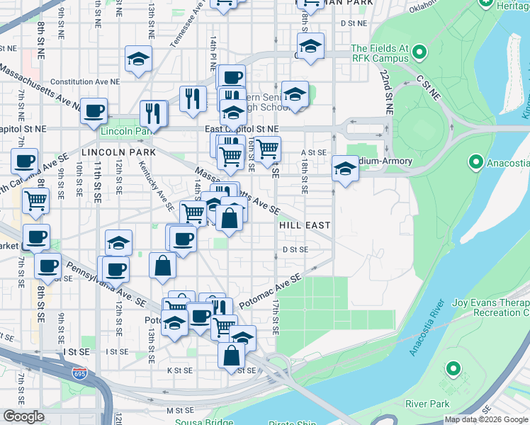 map of restaurants, bars, coffee shops, grocery stores, and more near 1627 Massachusetts Avenue Southeast in Washington