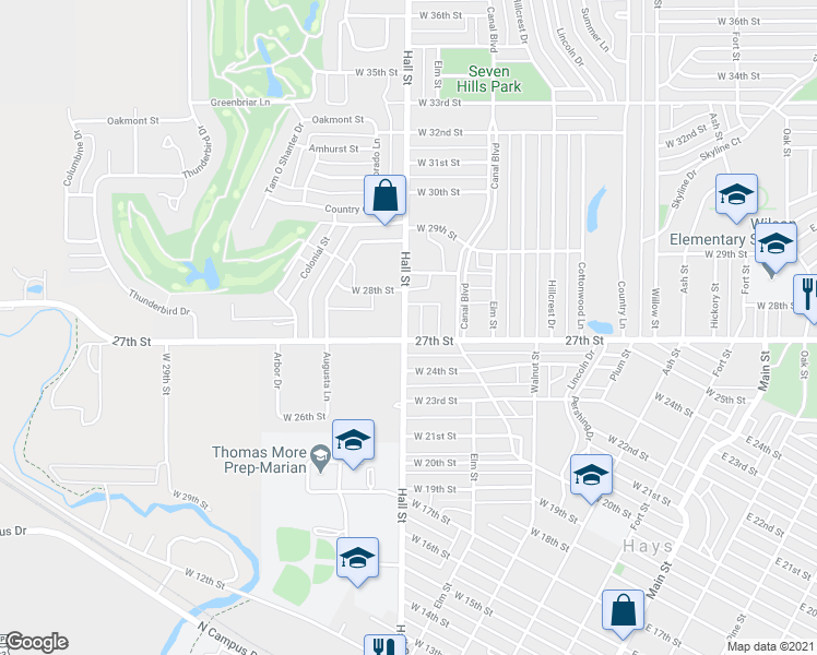 map of restaurants, bars, coffee shops, grocery stores, and more near 2722 Hall Street in Hays