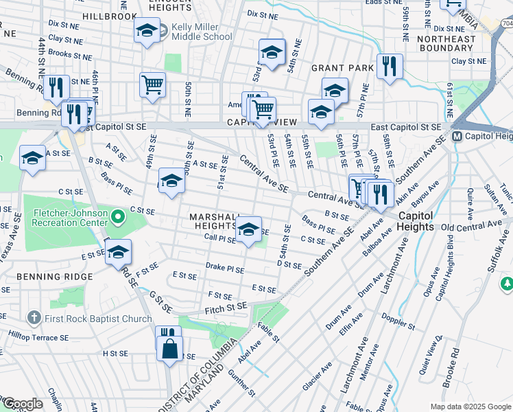 map of restaurants, bars, coffee shops, grocery stores, and more near 5301 B Street Southeast in Washington