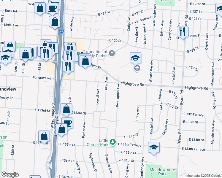 map of restaurants, bars, coffee shops, grocery stores, and more near 13105 Fuller Avenue in Grandview