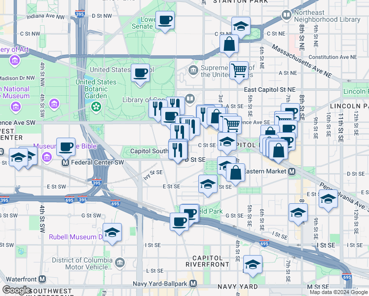 map of restaurants, bars, coffee shops, grocery stores, and more near 115 C Street Southeast in Washington
