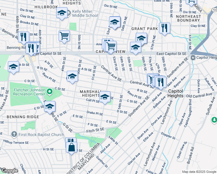 map of restaurants, bars, coffee shops, grocery stores, and more near 5301 B Street Southeast in Washington