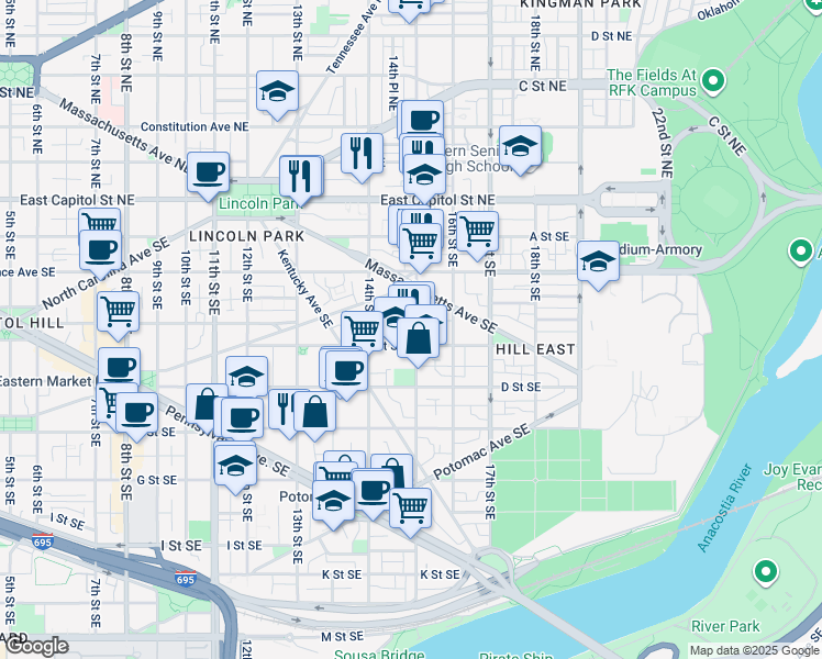 map of restaurants, bars, coffee shops, grocery stores, and more near 245 15th Street Southeast in Washington