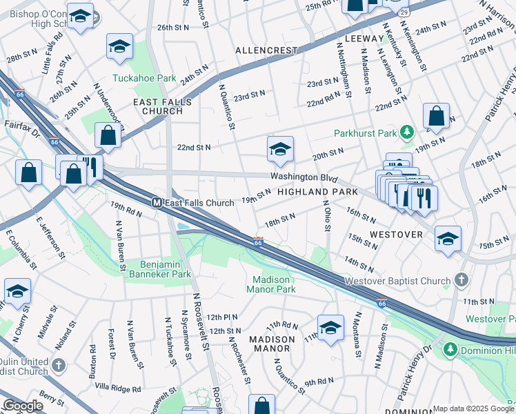 map of restaurants, bars, coffee shops, grocery stores, and more near 6241 18th Road North in Arlington