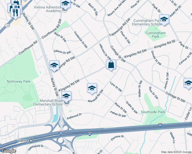 map of restaurants, bars, coffee shops, grocery stores, and more near 1012 Mountfort Court Southwest in Vienna