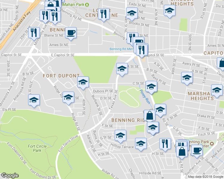 map of restaurants, bars, coffee shops, grocery stores, and more near 4418 Dubois Place Southeast in Washington