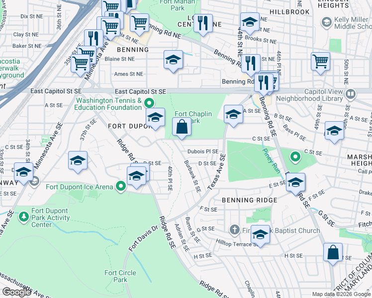 map of restaurants, bars, coffee shops, grocery stores, and more near 4312 Dubois Place Southeast in Washington