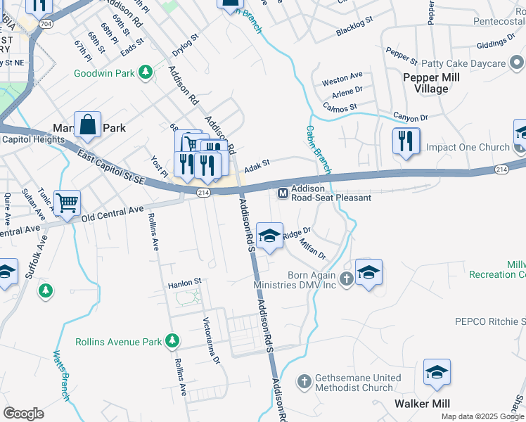 map of restaurants, bars, coffee shops, grocery stores, and more near 100 Addison Road South in Capitol Heights