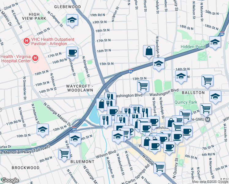 map of restaurants, bars, coffee shops, grocery stores, and more near 1210 North Vernon Street in Arlington