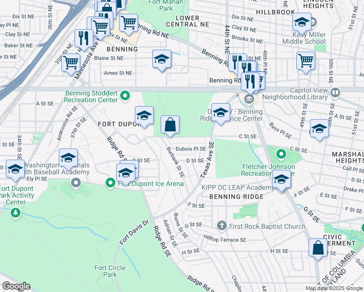 map of restaurants, bars, coffee shops, grocery stores, and more near 4340 Dubois Place Southeast in Washington