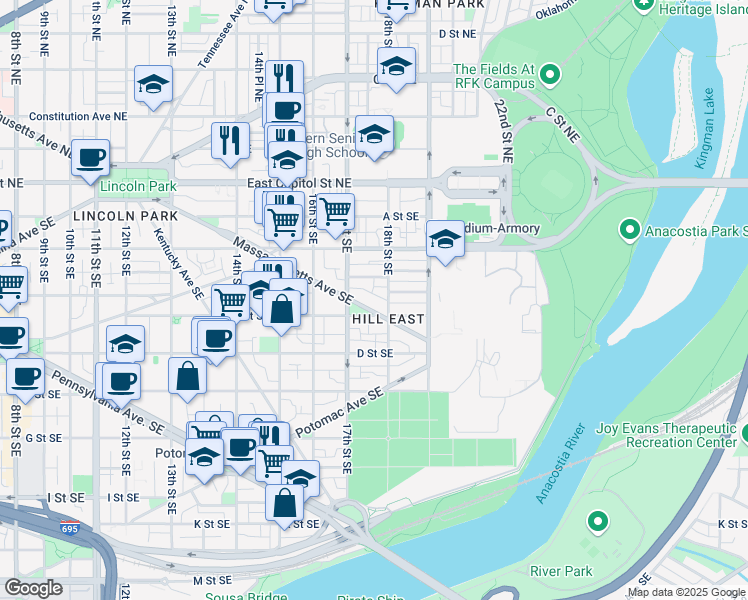 map of restaurants, bars, coffee shops, grocery stores, and more near 101 Independence Avenue Southeast in Washington