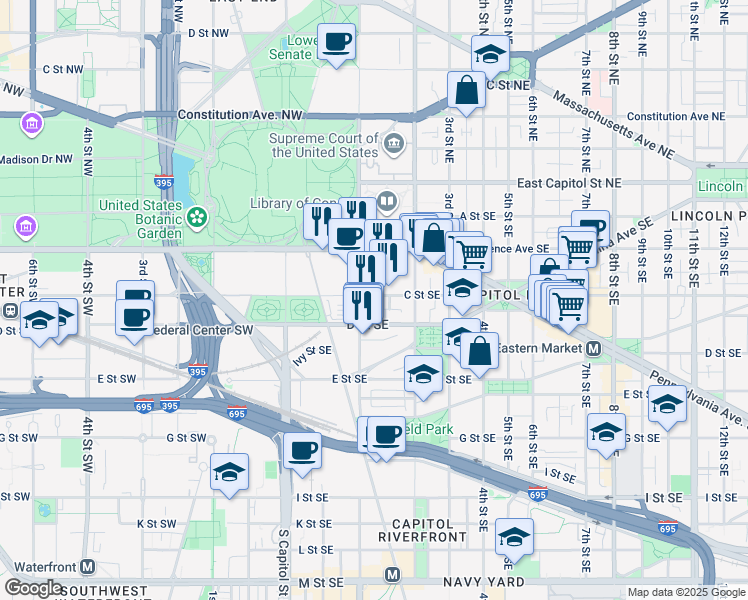 map of restaurants, bars, coffee shops, grocery stores, and more near 113 C Street Southeast in Washington