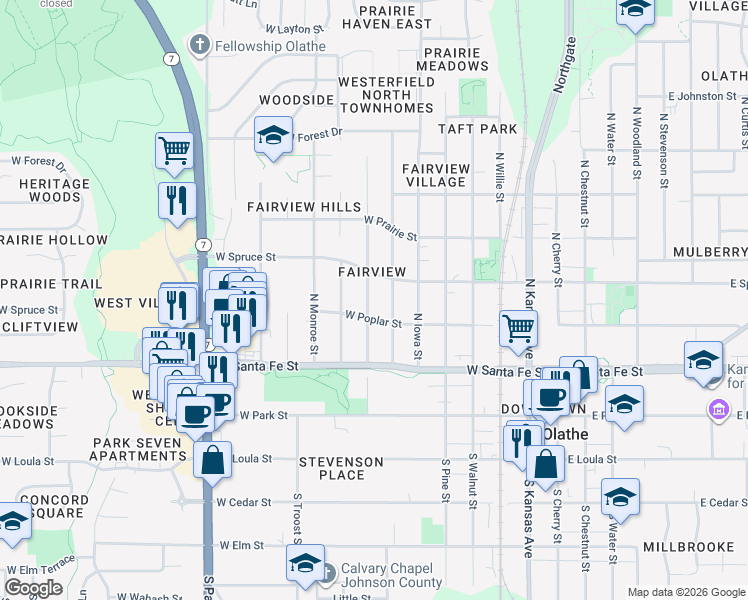 map of restaurants, bars, coffee shops, grocery stores, and more near 312 North Logan Street in Olathe