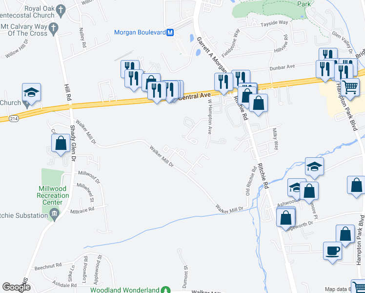 map of restaurants, bars, coffee shops, grocery stores, and more near 240 Possum Court in Capitol Heights