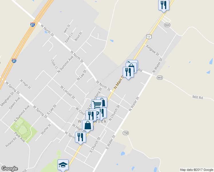 map of restaurants, bars, coffee shops, grocery stores, and more near 130 West North Street in Woodstock