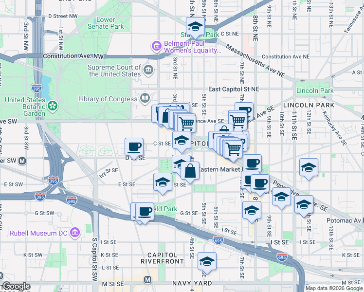 map of restaurants, bars, coffee shops, grocery stores, and more near 313 C Street Southeast in Washington
