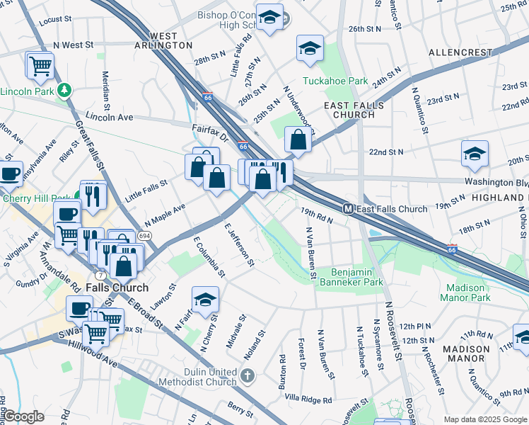 map of restaurants, bars, coffee shops, grocery stores, and more near 2036 North Westmoreland Street in Arlington