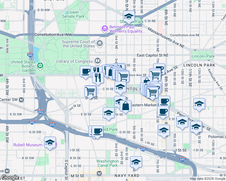 map of restaurants, bars, coffee shops, grocery stores, and more near 223 C Street Southeast in Washington