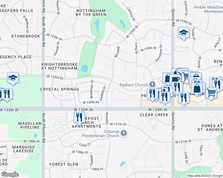 map of restaurants, bars, coffee shops, grocery stores, and more near 13300 Westgate Street in Overland Park