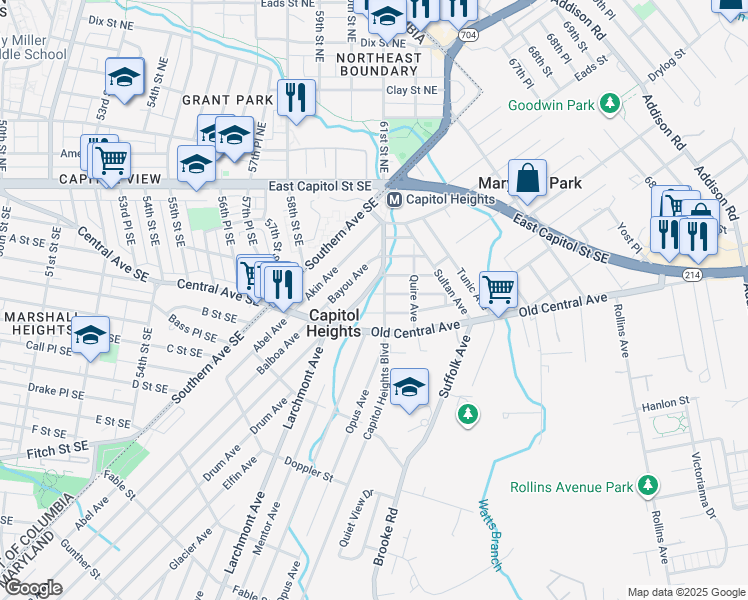 map of restaurants, bars, coffee shops, grocery stores, and more near 5303 Brenner Street in Capitol Heights
