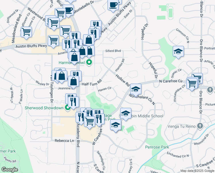 map of restaurants, bars, coffee shops, grocery stores, and more near 3560 Haven Circle in Colorado Springs