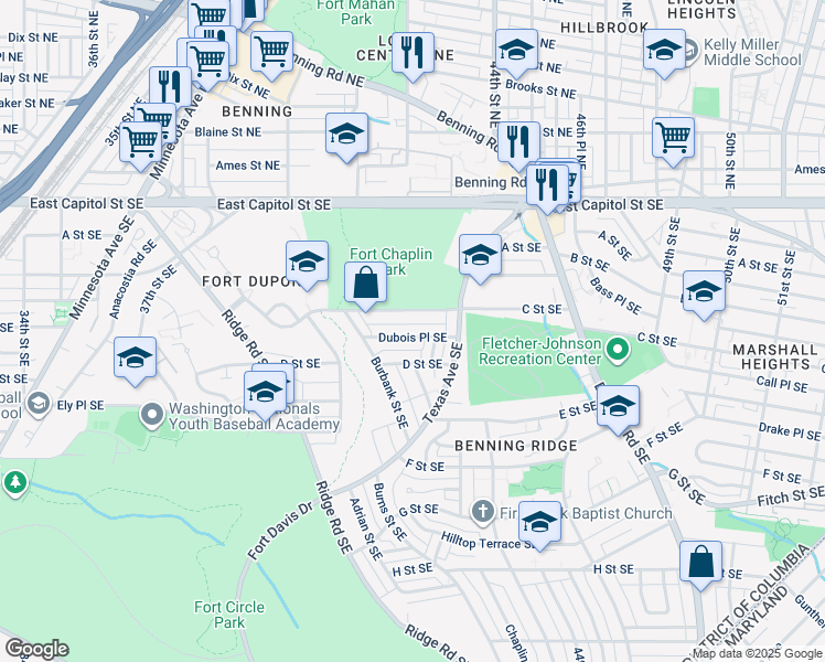 map of restaurants, bars, coffee shops, grocery stores, and more near 4370 Dubois Place Southeast in Washington
