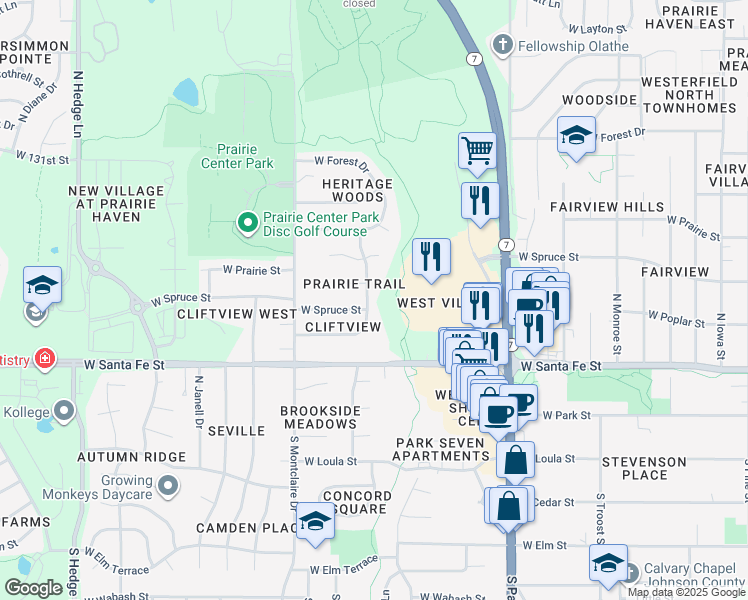 map of restaurants, bars, coffee shops, grocery stores, and more near 1301 W Poplar St in Olathe