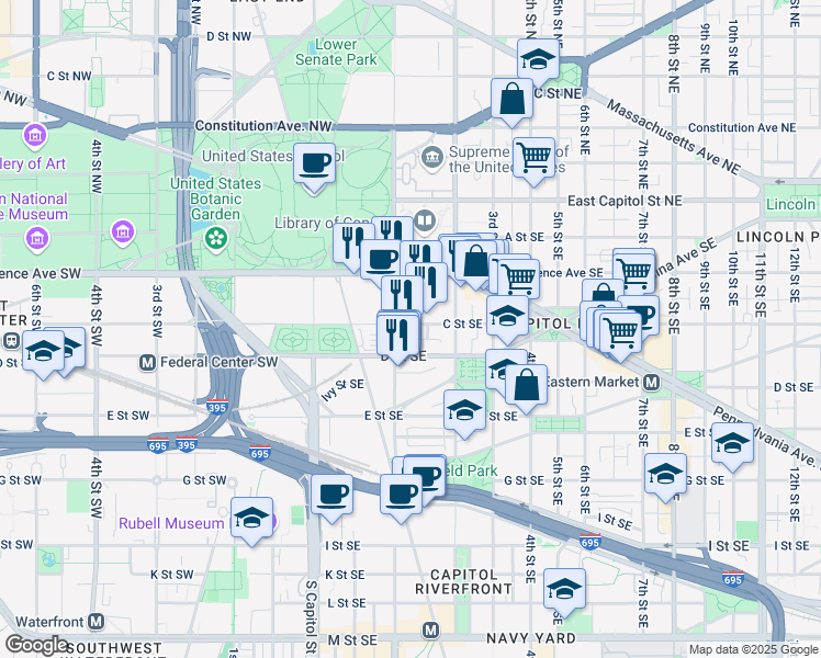 map of restaurants, bars, coffee shops, grocery stores, and more near 113 C Street Southeast in Washington