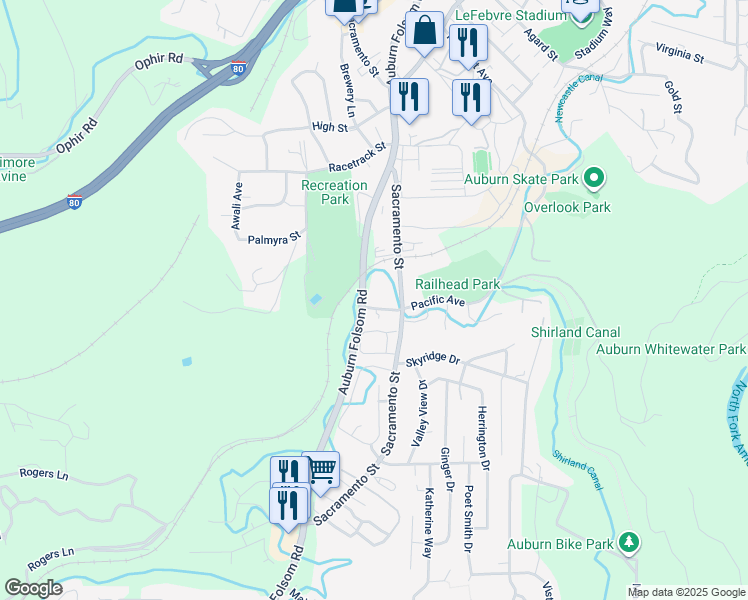map of restaurants, bars, coffee shops, grocery stores, and more near 77 Pacific Avenue in Auburn