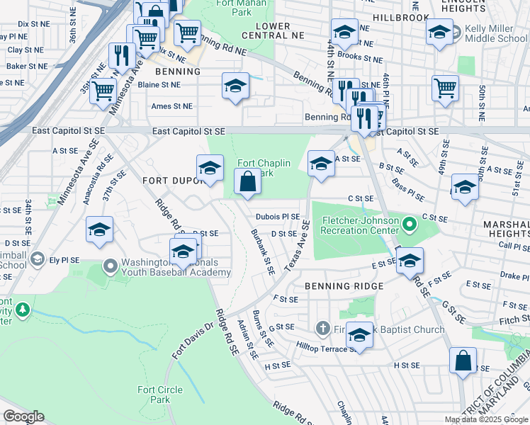 map of restaurants, bars, coffee shops, grocery stores, and more near 4340 Dubois Place Southeast in Washington