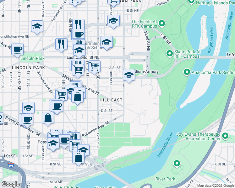 map of restaurants, bars, coffee shops, grocery stores, and more near 101 Independence Avenue Southeast in Washington