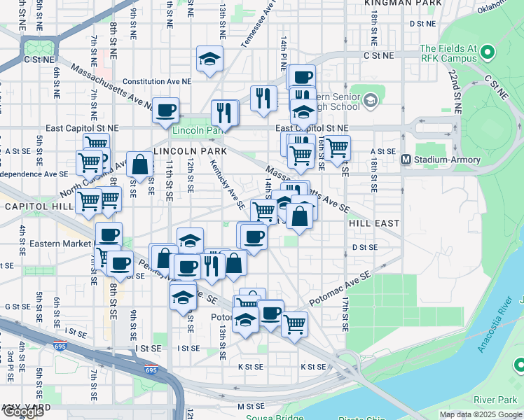 map of restaurants, bars, coffee shops, grocery stores, and more near 101 Independence Avenue Southeast in Washington