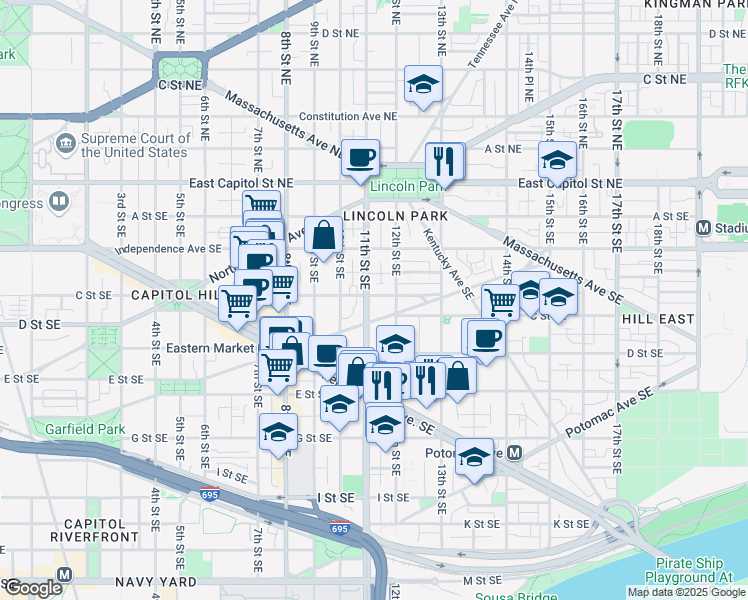 map of restaurants, bars, coffee shops, grocery stores, and more near 101 Independence Avenue Southeast in Washington