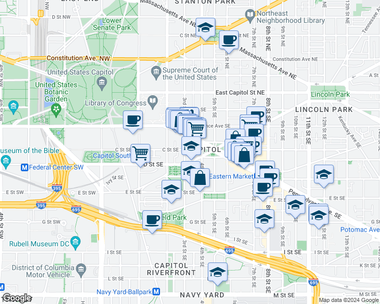 map of restaurants, bars, coffee shops, grocery stores, and more near 101 Independence Avenue Southeast in Washington