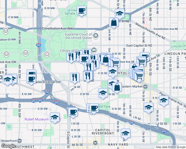map of restaurants, bars, coffee shops, grocery stores, and more near 101 Independence Avenue Southeast in Washington