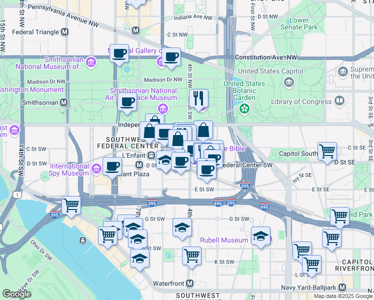 map of restaurants, bars, coffee shops, grocery stores, and more near 101 Independence Avenue Southeast in Washington