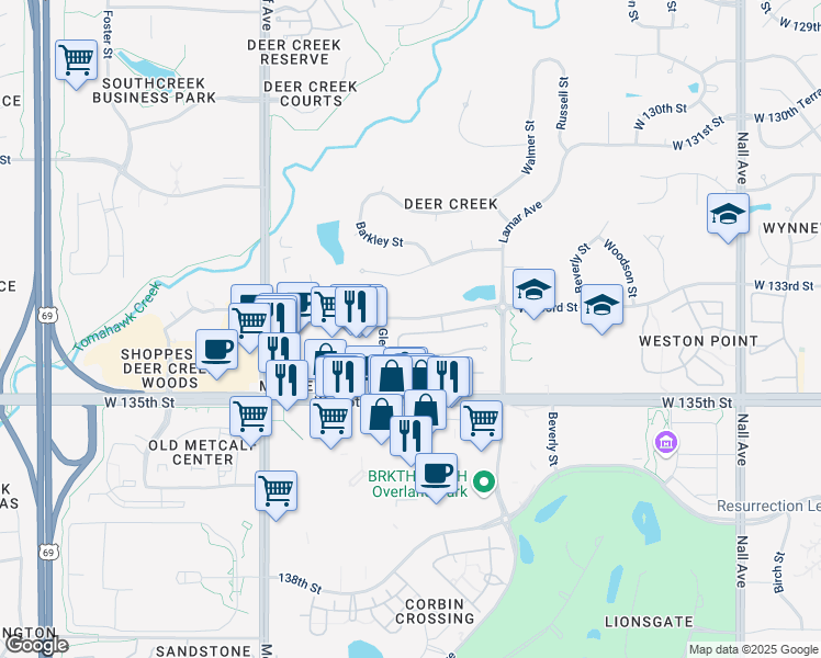 map of restaurants, bars, coffee shops, grocery stores, and more near 6522 West 133rd Terrace in Leawood