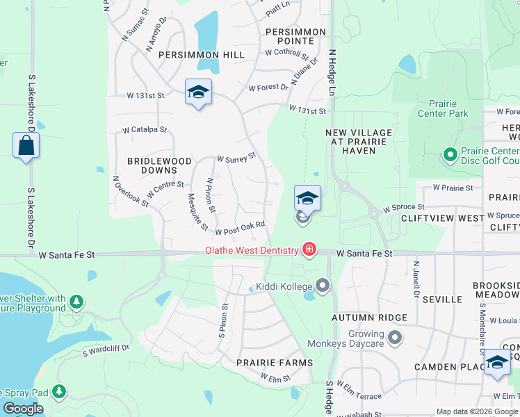 map of restaurants, bars, coffee shops, grocery stores, and more near 318 North Persimmon Drive in Olathe