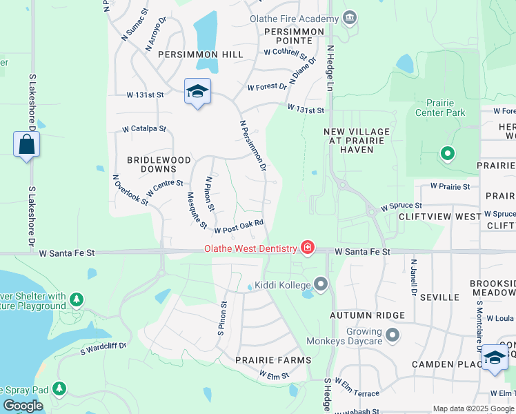 map of restaurants, bars, coffee shops, grocery stores, and more near 318 North Persimmon Drive in Olathe