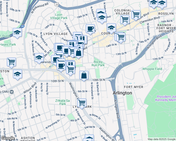 map of restaurants, bars, coffee shops, grocery stores, and more near 2606 11th Street North in Arlington
