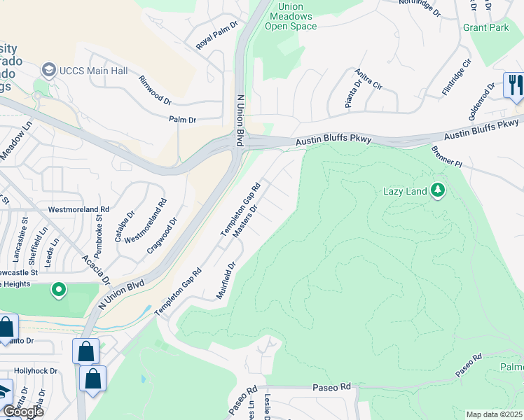 map of restaurants, bars, coffee shops, grocery stores, and more near 2320 Pinhigh Court in Colorado Springs